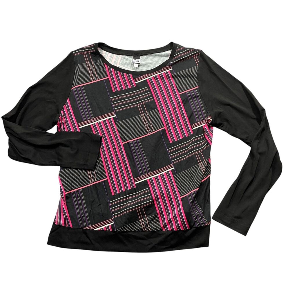 Anni Kuan Large Scoop Neck Black Geometric Print Long Sleeve Top Rayon Blend